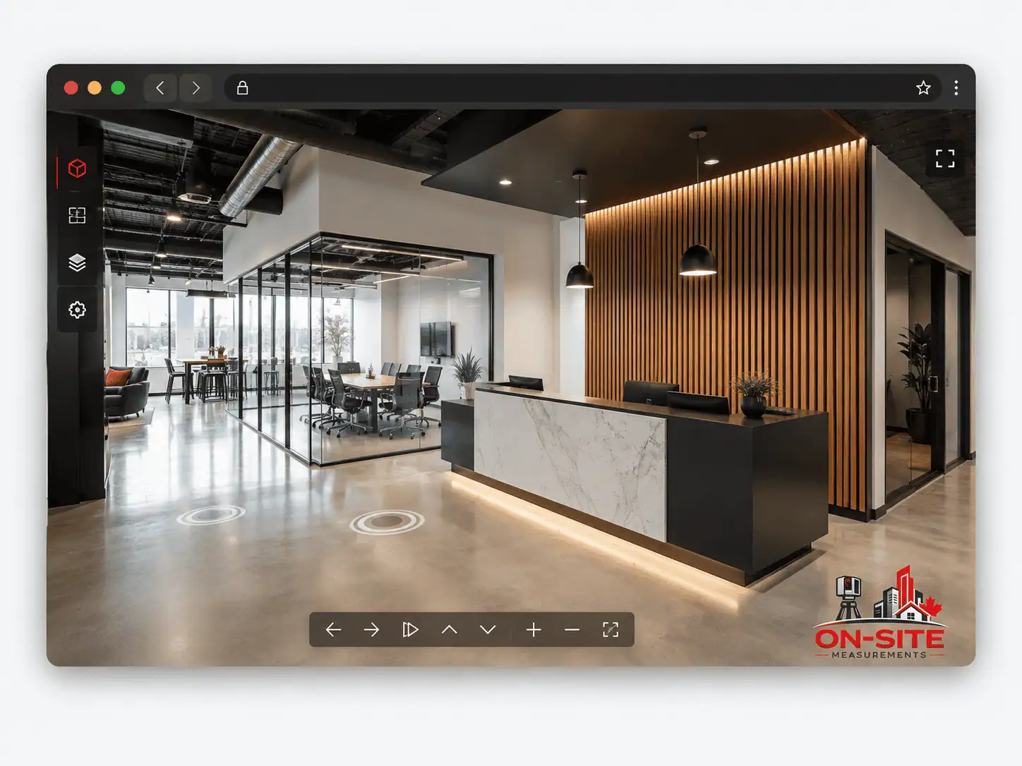 Browser-based virtual tour interface showing navigable walkthrough of a commercial interior